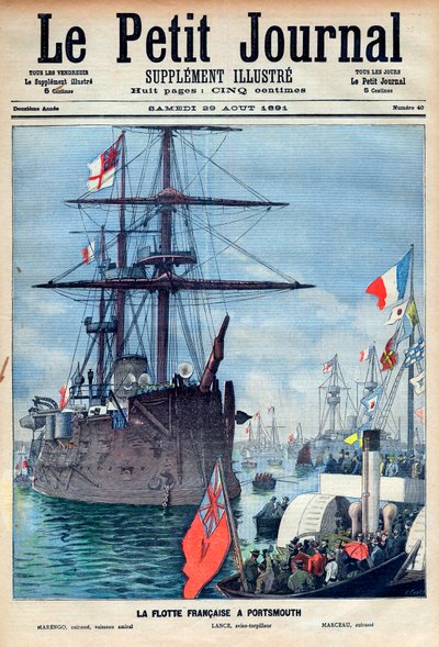 De Franse vloot in Portsmouth: vlaggenschip Marengo, de torpedoboot Lance en het slagschip Marceau, voorpagina van de Petit Journal van 29 augustus 1891 (gravure) door French School