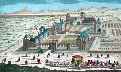 Chateau de Vincennes bij Parijs, vogelperspectief - 18e-eeuwse gravure - Perspectief van het kasteel: de tuinen, tekening door Le Notre voor Lodewijk XIV ten westen van de kerker door French School