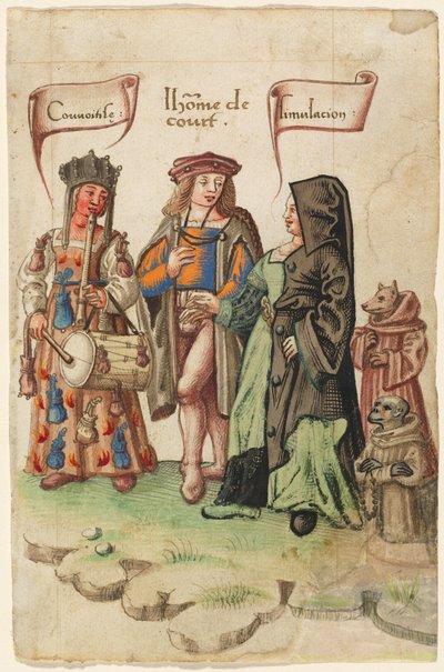 Een Hoveling Staande Tussen Hebzucht en Huichelarij [fol. 14 recto] door French early 16th Century