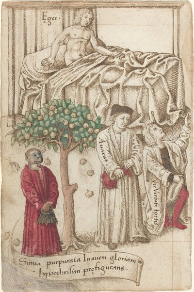 Een Aap in Paars met een Zieke Man, een Goede Man en een Vrek door French early 16th Century
