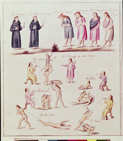 Inheemse indianen op weg naar bekering door de Spaanse monniken door Friar Pablo (after) Beaumont