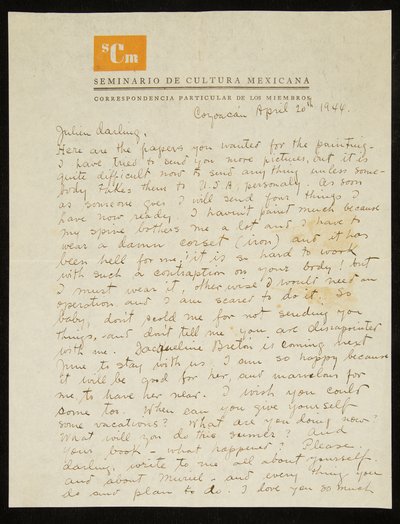 Brief van Frida Kahlo aan Julien Levy, in het Engels, 20 april 1944 (pen en inkt op papier) door Frida Kahlo
