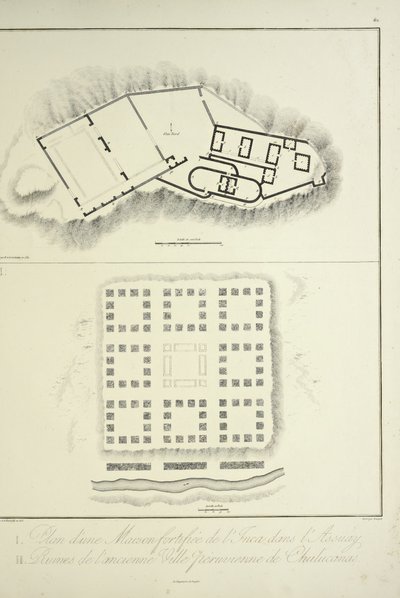 Plan van een versterkte Inca-woning in Assuay; en ruïnes van de oude Peruaanse stad Chulucanas, gegraveerd door Bouquet, illustratie uit 