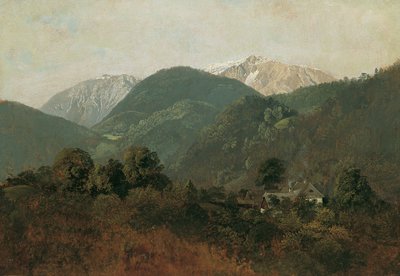 Uitzicht van Scheuchenstein naar Gauermannhof met Schneeberg op de achtergrond door Friedrich August Mathias Gauermann