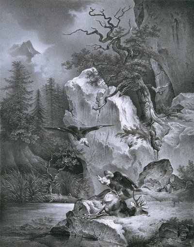 Gier met dood hert door Friedrich August Mathias Gauermann