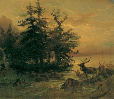 Herten die zich baden aan de oever van een bergmeer door Friedrich August Mathias Gauermann