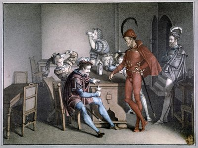Faust, het wijnwonder. na 1816 (kleurengravure) door Friedrich August Moritz Retzsch