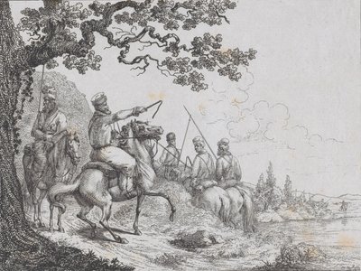 Kozakken rijden langs een Rivieroever, 1814 door Friedrich August de La Belle
