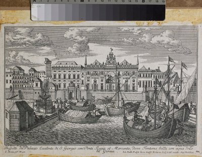 Plan van Genua met de Koninklijke Brug, de Nieuwe Brug van Mercanzia en het Paleis van St. George gezien vanaf de zee, c.1750 (gravure) door Friedrich Bernhard Werner