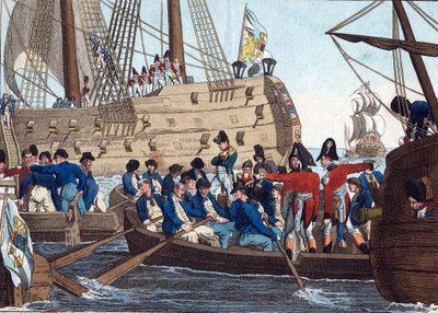 Napoleon Bonaparte als gevangene van de Engelsen wordt van de Bellerophon naar de Northumberland gebracht op 8 augustus 1815 door Friedrich Campe