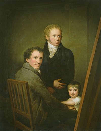 Zelfportret met pleegdochter Lina Groger en schilder Heinrich Jakob Aldenrath door Friedrich Carl Groger