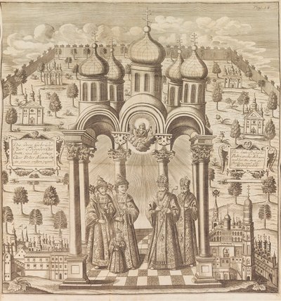 Feodor III, Peter I, Ivan V en Patriarch Adrian I. Uit Das veraenderte Russland door Friedrich Christian Weber