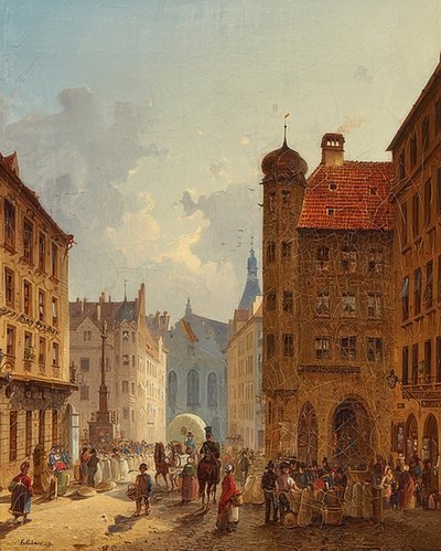 München - Uitzicht vanaf de Kaufingerstraße op het Oude Raadhuis door Friedrich Eibner