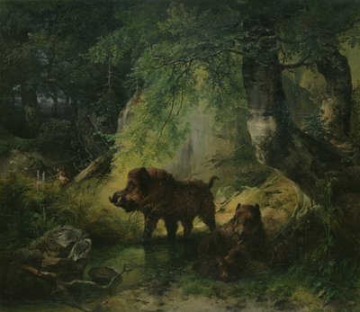 Wild zwijn en wolf door Friedrich Gauermann