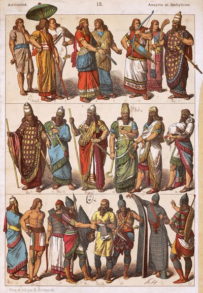 Kostuums van Assyriërs en Babyloniërs, door Friedrich Hottenroth, lithografie, Assyrisch-Babylonische beschaving door Friedrich Hottenroth