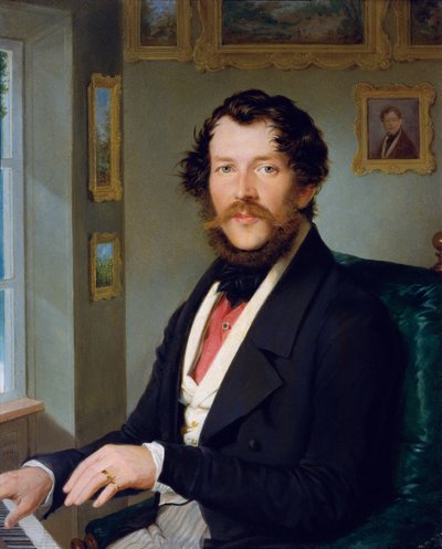 Portret van een heer voor de piano door Friedrich Johann Gottlieb Lieder