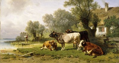 Vee in een Boerderij langs een Rivier met een Visser door Friedrich Johann Voltz