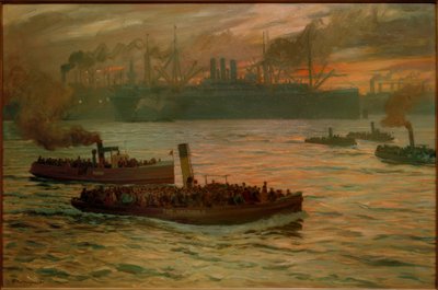 Feierabend. In de haven van Hamburg door Friedrich Kallmorgen