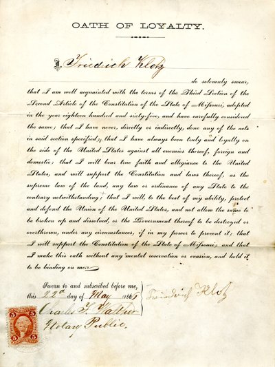 Loyaliteitseed van Friedrich Klotz uit Missouri, County of St. Louis door Friedrich Klotz
