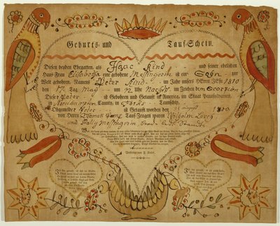 Geboorte- en doopcertificaat, ca. 1790-1800 (oxgall inkt, aquarel en gravure op geperst papier) door Friedrich Krebs