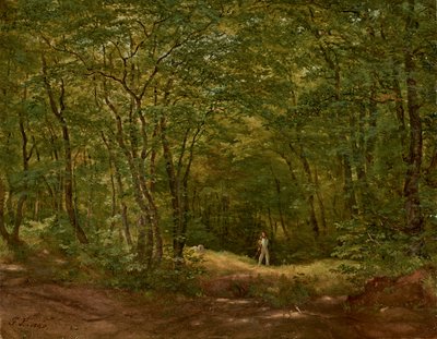 Wandelaars in een boslandschap door Friedrich Loos