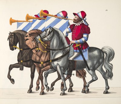 Drie muzikanten op een toernooi, plaat uit A History of the Development and Customs of Chivalry, door Dr. Franz Kottenkamp, uitgegeven door Carl Hoffmann, 1842 door Friedrich Martin von Reibisch