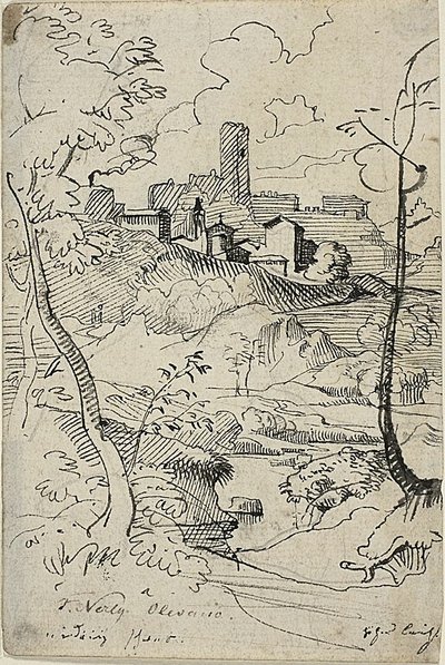 Italiaanse stad met rivier (recto); stadsgezicht (verso) door Friedrich Nerly