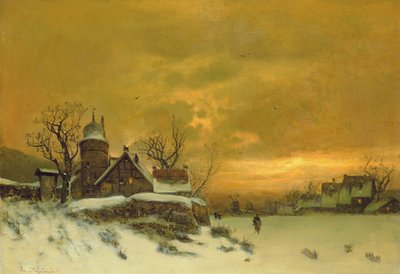 Winterlandschap met uitzicht op gebouwen in de avond door Friedrich Nicolai Joseph Heydendahl