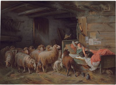 Plaquette met een slapende herder met zijn hond, een onbeheerde kudde aan zijn zijde, eind 19e - begin 20e eeuw door Friedrich Otto Gebler