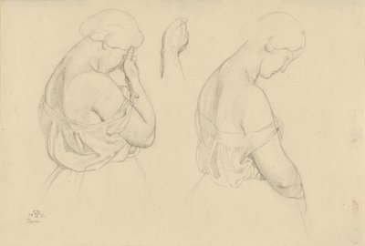 Twee vrouwenfiguren op halve lengte en een studie van een hand door Friedrich Preller
