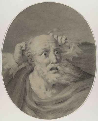 Oude man met baard, die zijn haar in de war maakt door Friedrich Rehberg