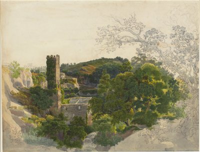Ruïnes van een Versterkte Toren tussen Beboste Heuvels door Friedrich Salathé