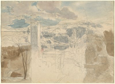 Ruïnes van een versterkte toren tussen beboste heuvels [recto] door Friedrich Salathé