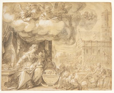De heilige familie. Met zingende engelen. Op de achtergrond de Michaelskerk in München naar wiens toren engelen bouwmateriaal brengen door Friedrich Sustris