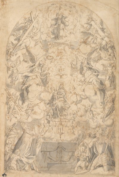Madonna en kind met engelen die symbolen van het lijdensverhaal dragen door Friedrich Sustris