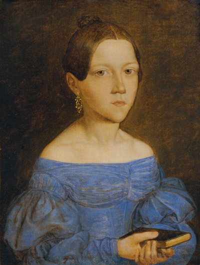Borstbeeld van een jong meisje in blauwe jurk door Friedrich Wasmann