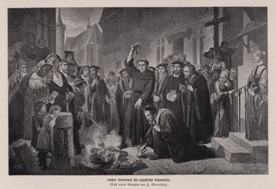 Maarten Luther verbrandt de pauselijke bul in Wittenberg, Duitsland door Friedrich Wilhelm Heinrich Martersteig