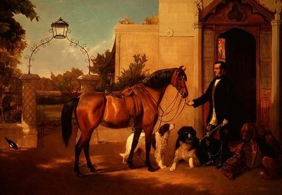 Een heer met zijn jachthond en honden buiten zijn huis door Friedrich Wilhelm Keyl