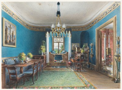 Tekening, De blauwe kamer, Schloss Fischbach, 1846 door Friedrich Wilhelm Klose