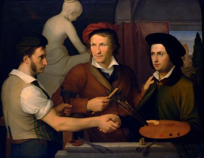 Zelfportret met zijn broer Ridolfo en Bertel Thorvaldsen, 1815-1816 door Friedrich Wilhelm von Schadow