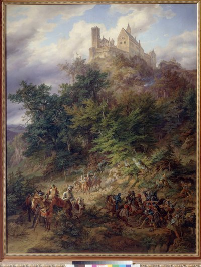 Landschap met ridders (De Wartburg) door Friedrich the Elder Preller