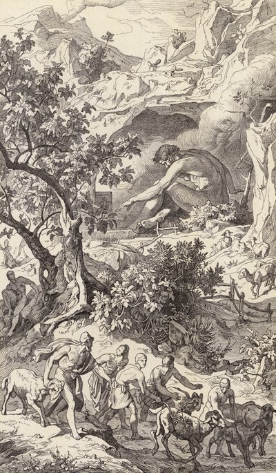 Odysseus passeert de grot van Polyphemos door Friedrich the Elder Preller