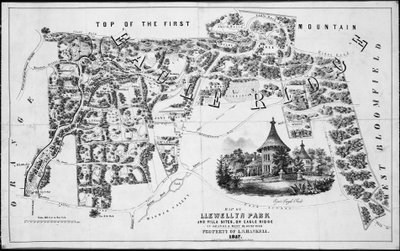 Kaart van Llewellyn Park en Villa Sites, op Eagle Ridge in Orange & West Bloomfield, 1857 door Friend and Aub