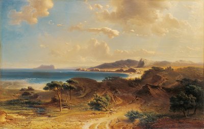 Strand bij Estepona met uitzicht op de Rots van Gibraltar door Fritz Bamberger