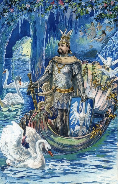 Koning Ludwig II als Lohengrin in de Blauwe Grot van Slot Linderhof. Rond 1900 door Fritz Bergen