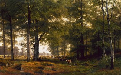 Een bebost landschap met een koeherder door Fritz Carl Werner Ebel