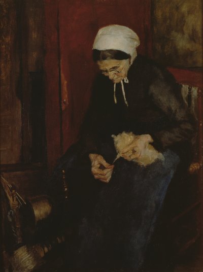 Oud vrouwtje spint wol door Fritz Mackensen