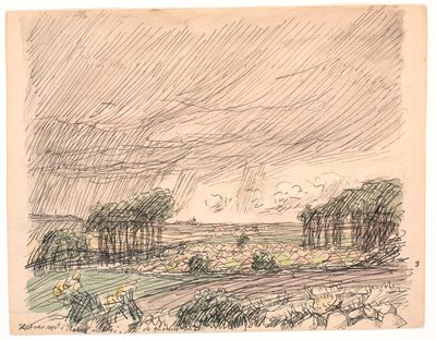 Het hooi was opgestapeld in stapels in de groene weiden door Fritz Syberg