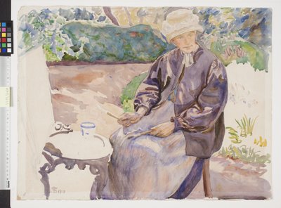 De vrouw van de kunstenaar, schilderes Anna Syberg, in de tuin van de smid door Fritz Syberg