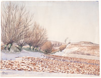 Landschap met wilgen en ploegveld in de sneeuw door Fritz Syberg
